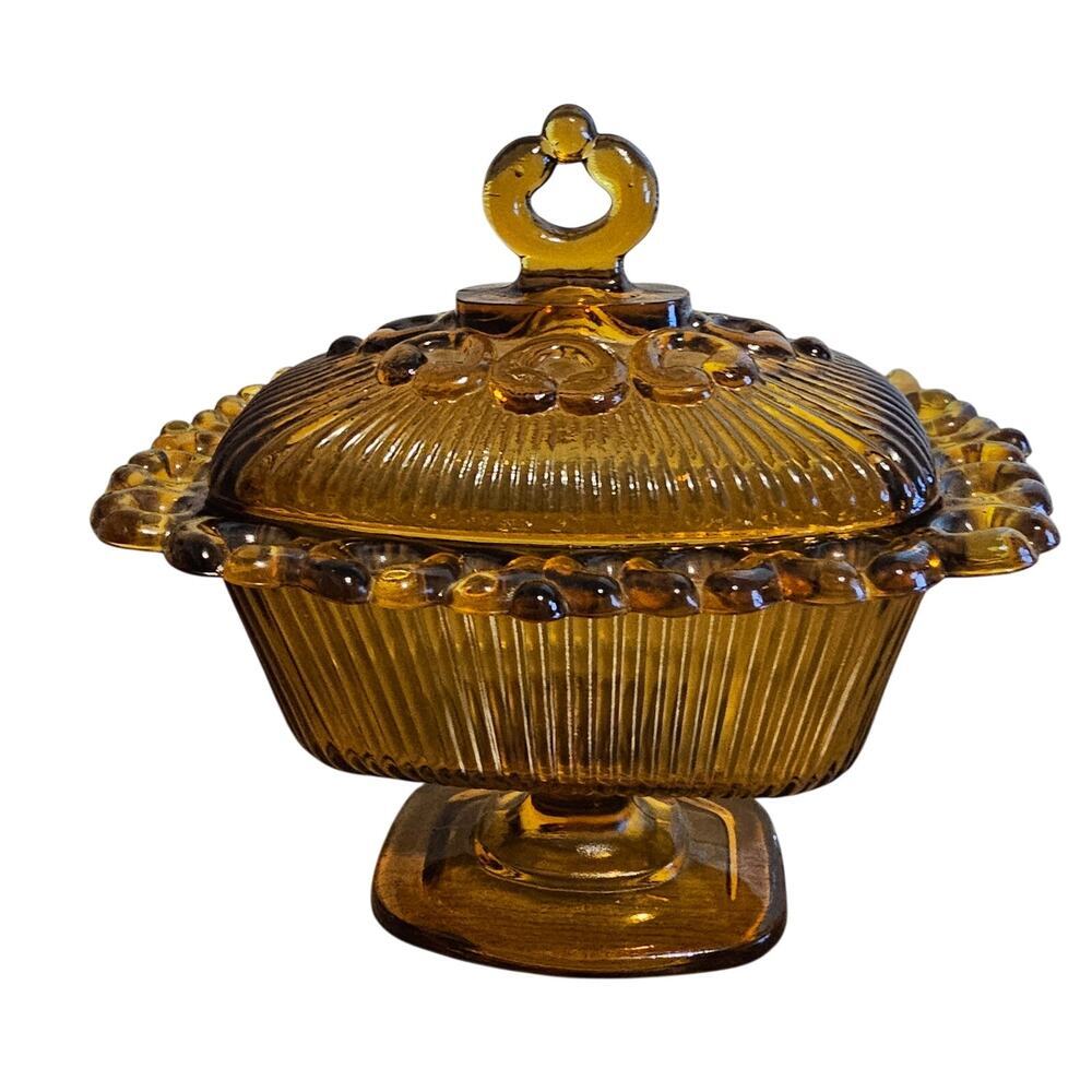 Vintage Indiana Glass Amber Candy Dish Lidded Footed Lace Edge Mod Retro MCM